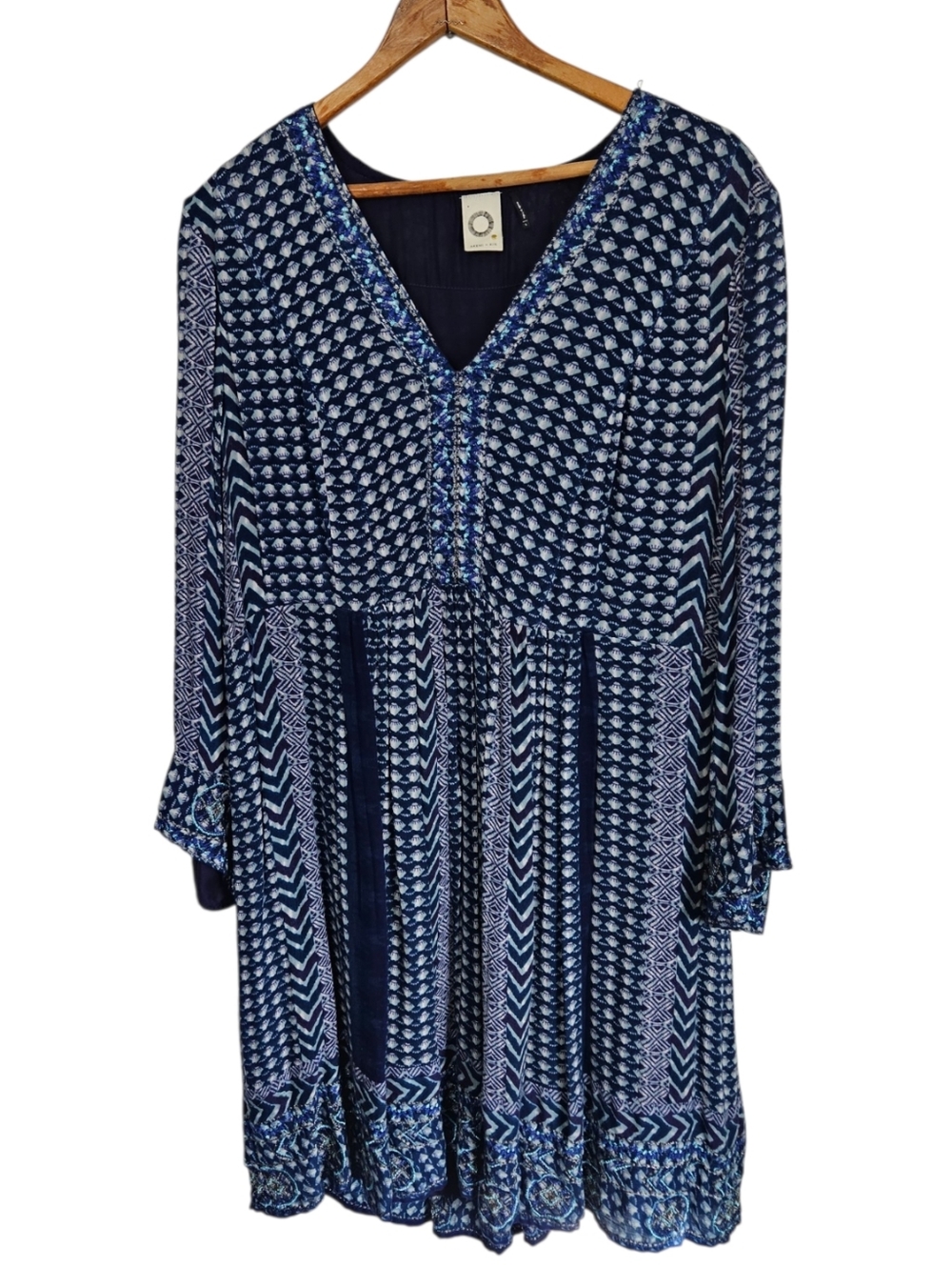 Anthropologie Akemi + Kim Blue Printed V-Neck Long Sleeve Batik Dress, Large - Picture 5 of 11